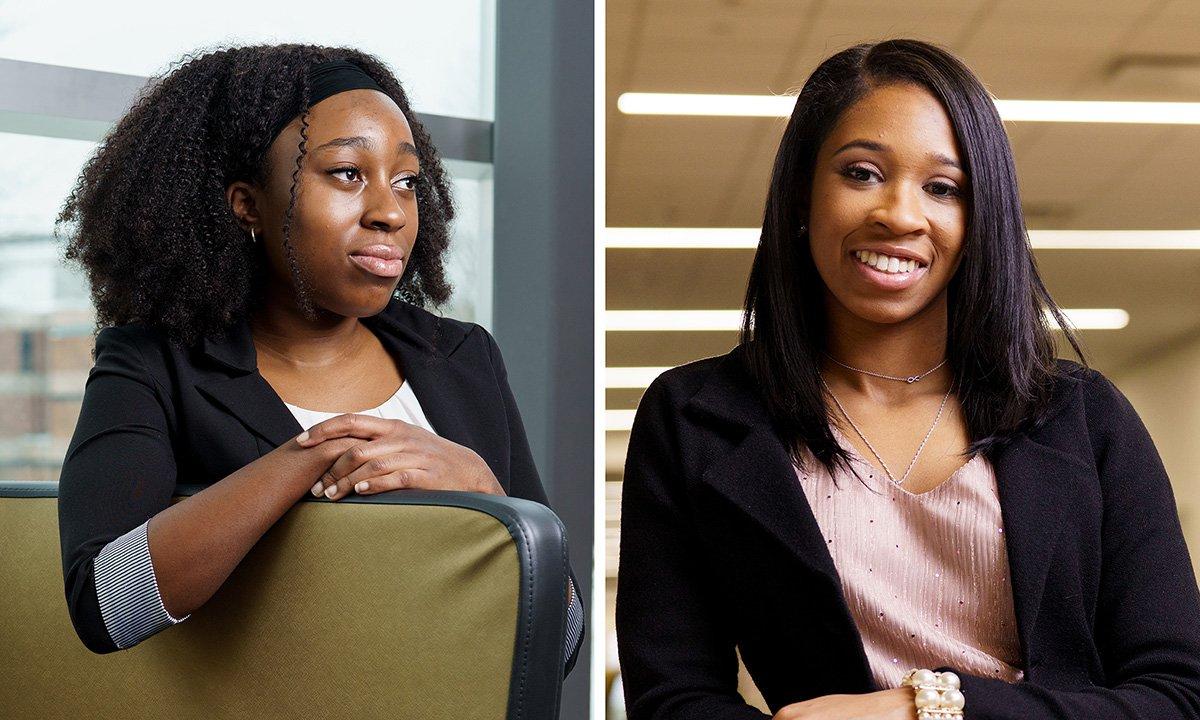 Two Black females in separate photos. One smiling at camera, one looking away.